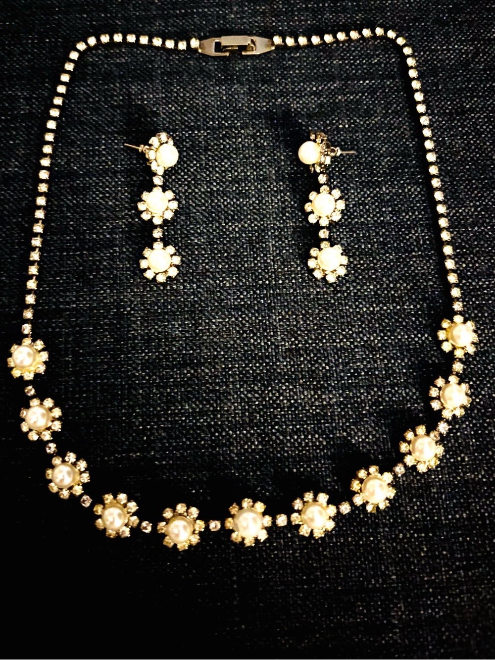 Vintage Pearl and Crystal Floral Necklace 16" & Earring Set - Silver Tone